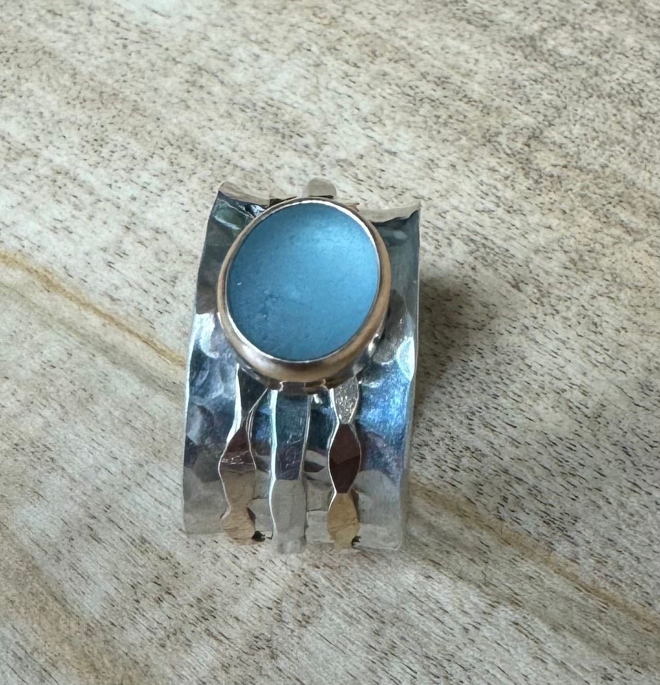 Sky blue sea glass spinner ring 