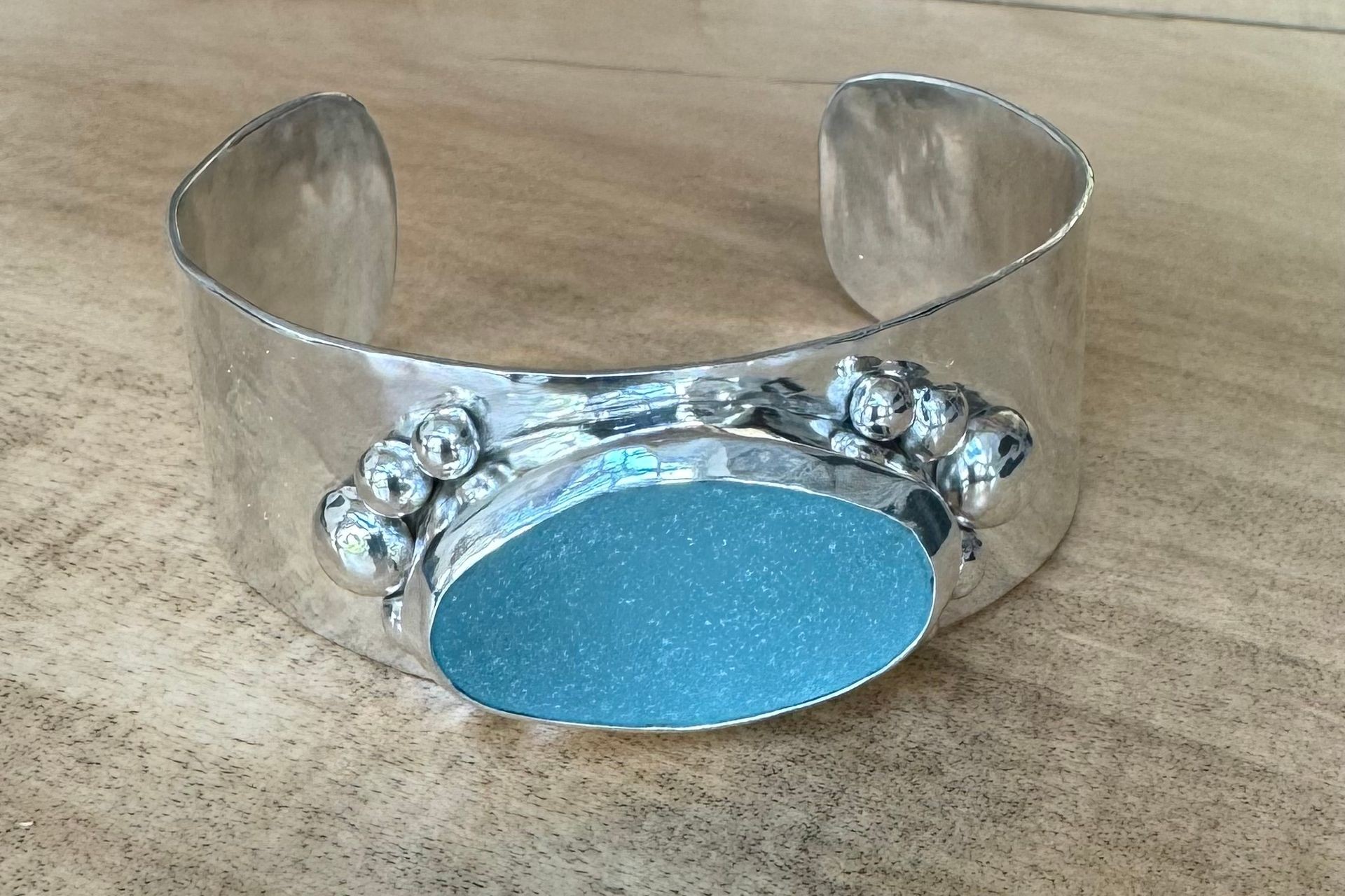 Aqua blue sea glass heavy cuff bracelet 