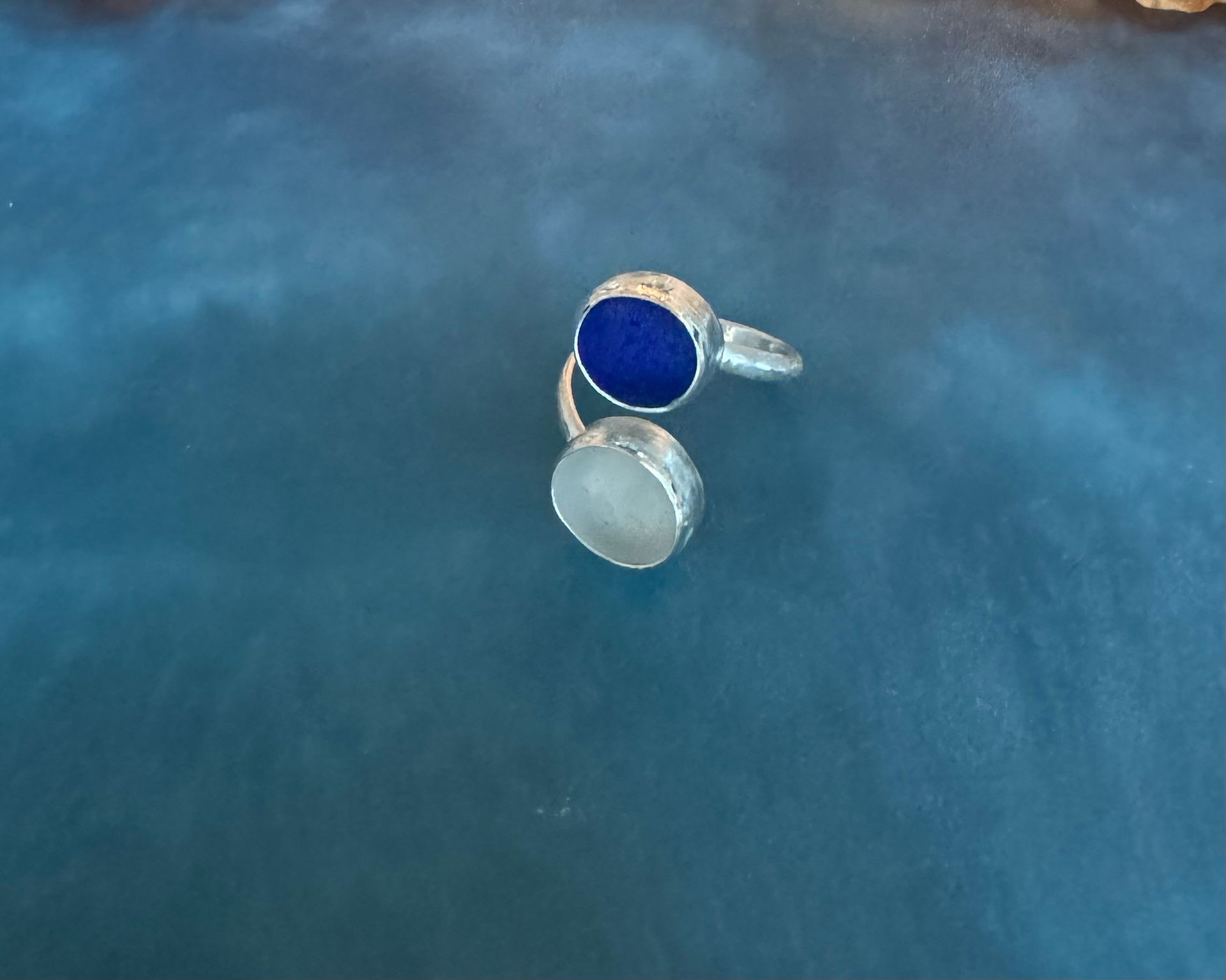 Blue & White Sea glass adjustable ring 