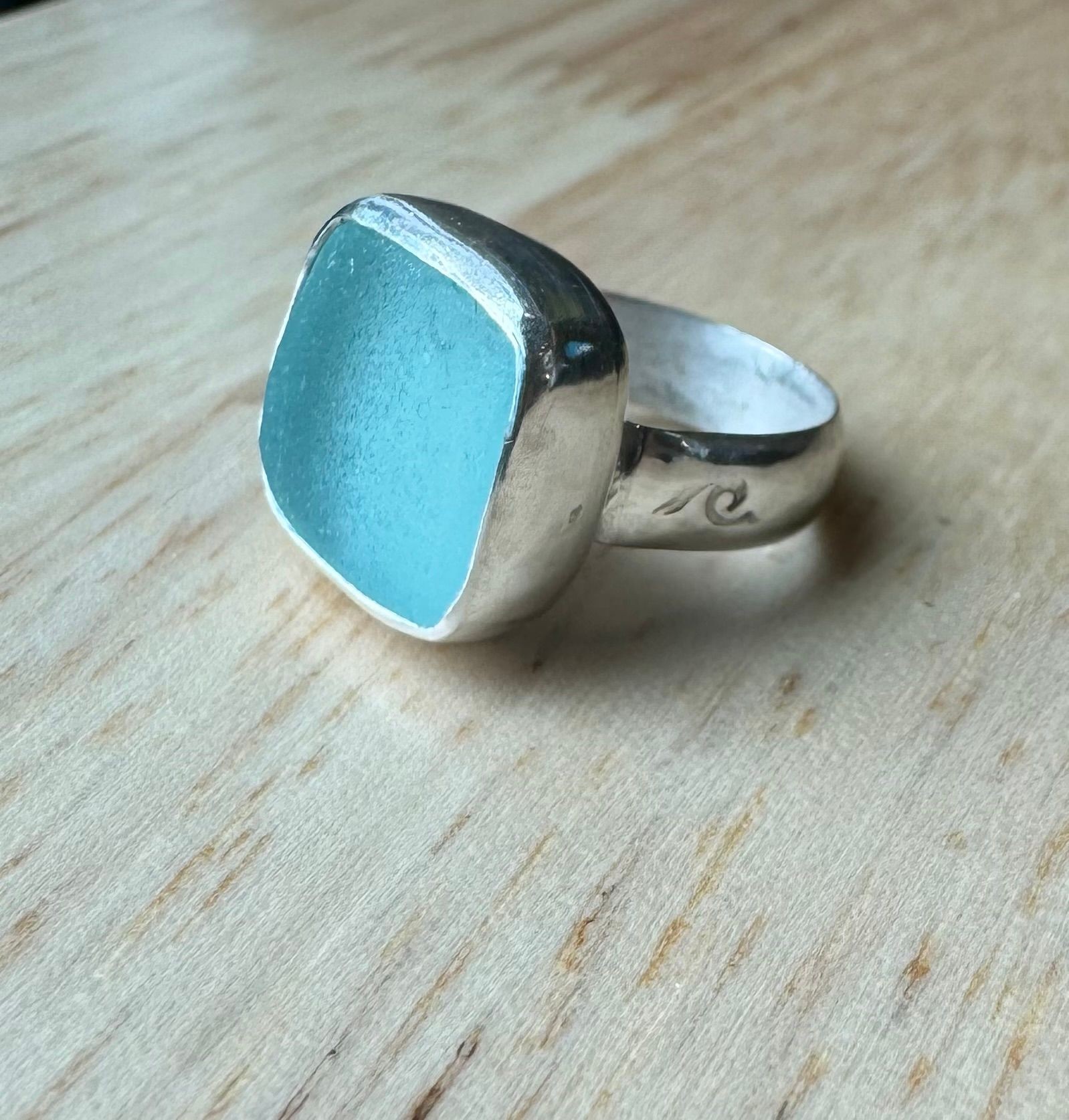 Sky blue sea glass pinky ring