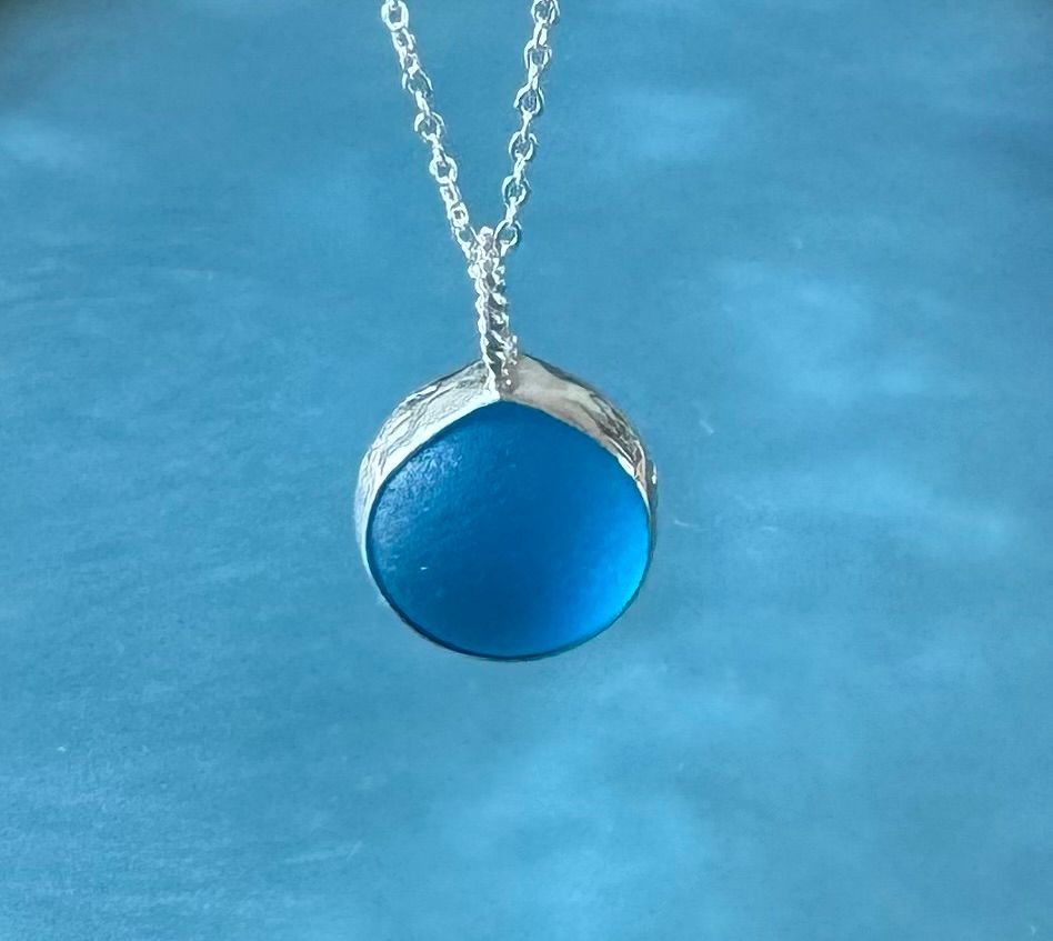 Blue sea glass marble necklace 