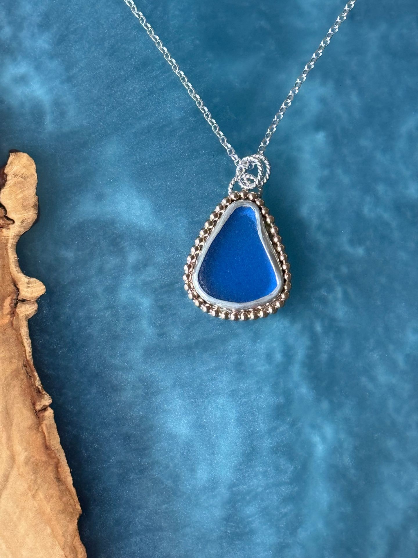 Blue Seaglass mixed metals necklace