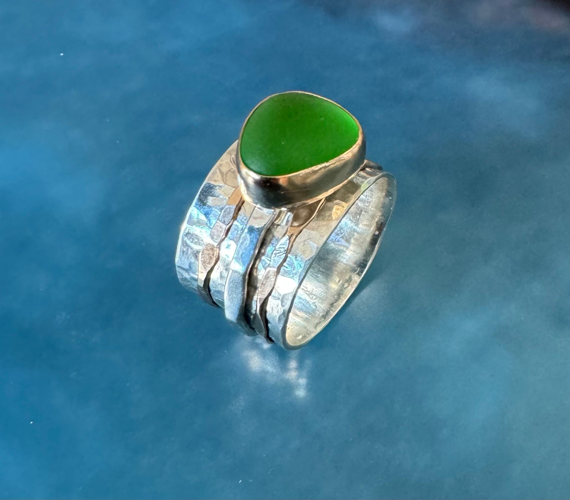 Green sea glass spinner ring 